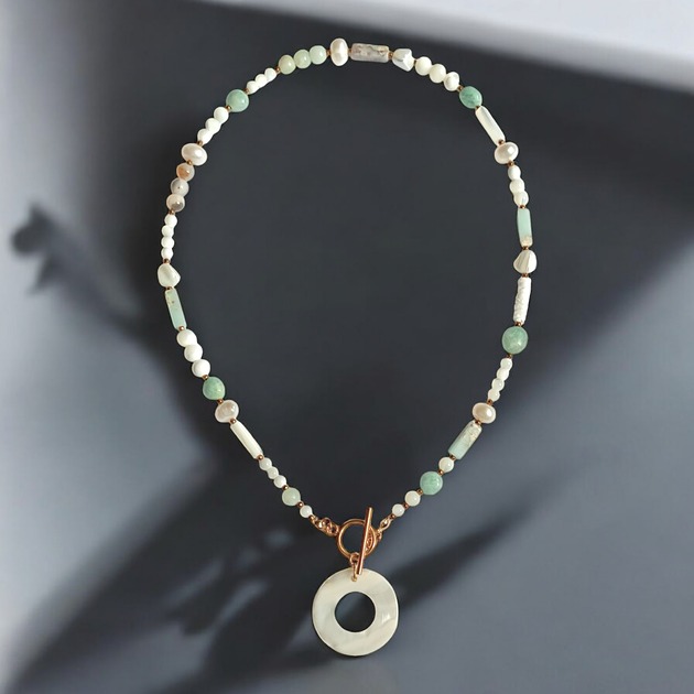 chokery Naszyjnik wakacyjny : perły , muszla, amazonit, jaspis cesarski :: light