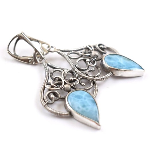 kolczyki wire wrapping Elizabeth  - srebrne kolczyki z larimarem