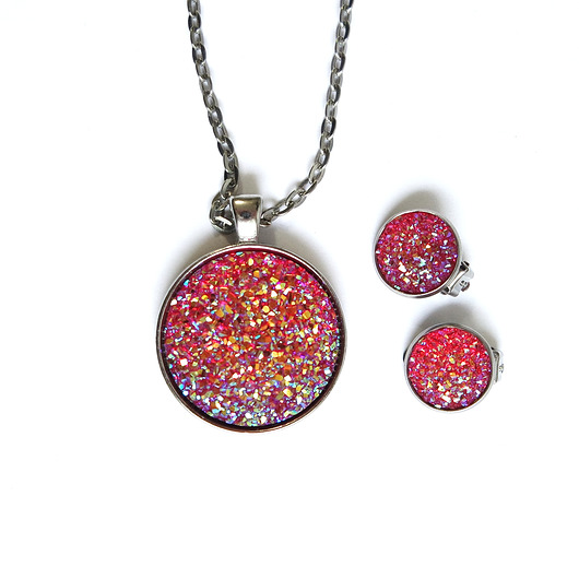 komplet biżuterii Komplet - Druzy różowa landrynka - naszyjnik i klipsy