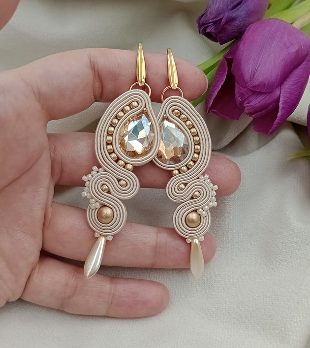 kolczyki soutache Długie złote kolczyki, ślubne kolczyki, kolczyki na ślub, kolczyki sutasz