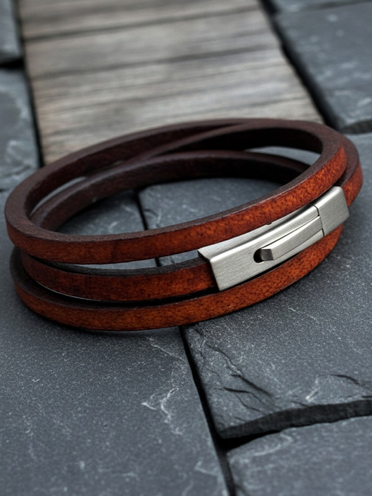 biżuteria męska Skórzana brązowa bransoletka z rzemienia skórzanego - Argento