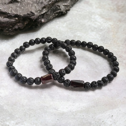 bransoletki z kamieni naturalnych KOMPLET dla PARY : granat & lawa : energia
