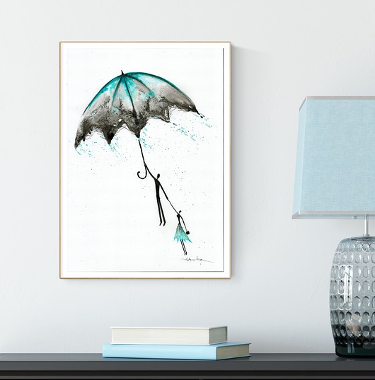 obraz A3 malowany ręcznie, parasol, turkus Krystyna Siwek Art