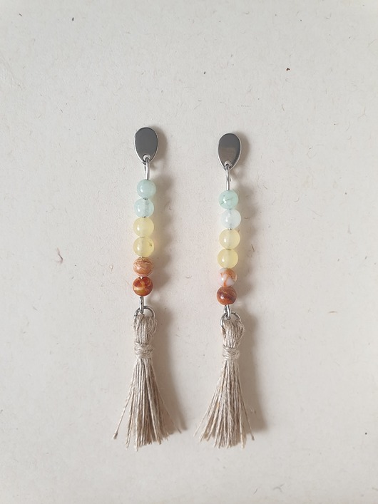 kolczyki z kamieniami Kolczyki BOHO ART z lnianym chwostem, jadeit, jaspis, aqua, żółty, rudy
