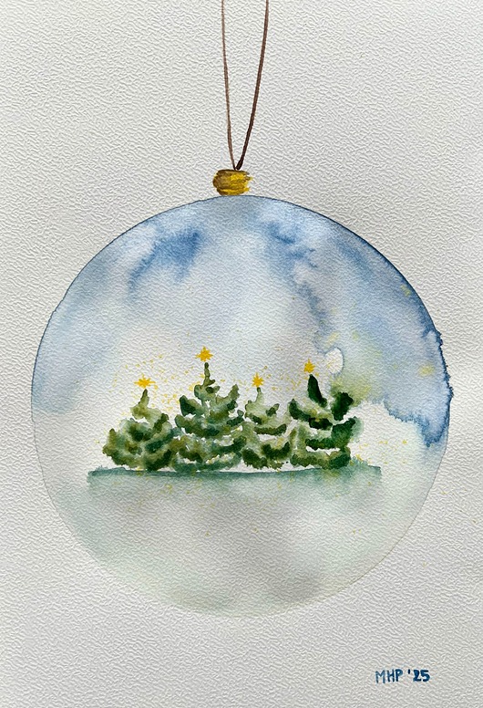 obrazy Bombka z choinkami a4 - akwarela