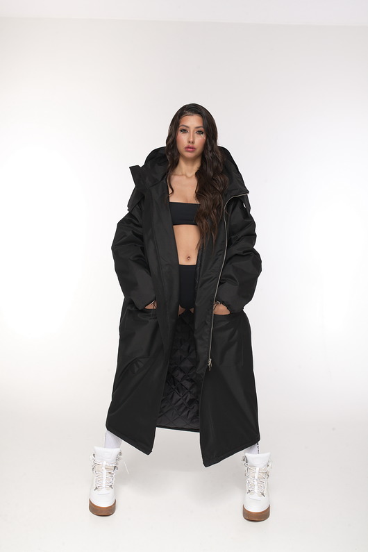 płaszcze damskie Parka Longline Hoodie Oversize czarna ocieplana