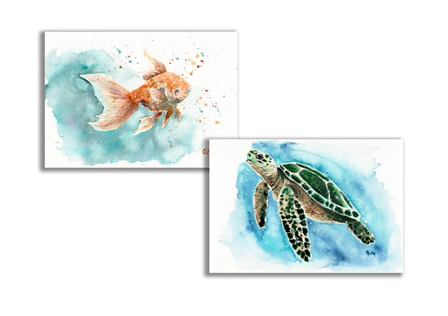 grafiki i ilustracje Akwarela ręcznie malowana "Żółw i złota rybka" zestaw  2szt