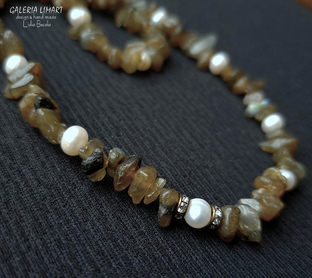 korale Elegancki naszyjnik z labradorytu i pereł ręcznie robiony prezent dla niej