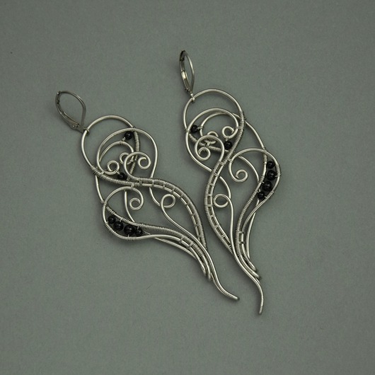 nausznice Długie, oryginalne kolczyki czarny agat wire wrapping