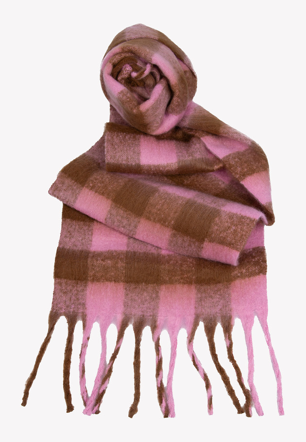 szale damskie Szal w kratę beżowo-różową z frędzlami 40x190 cm