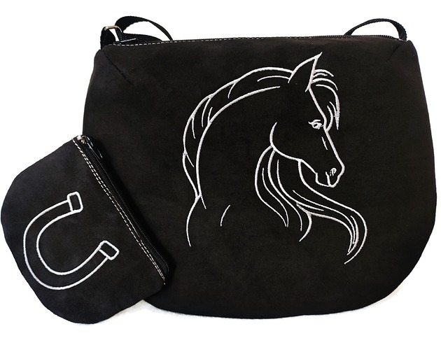 torebki mini Czarna listonoszka, torebka z koniem , portfelik konik