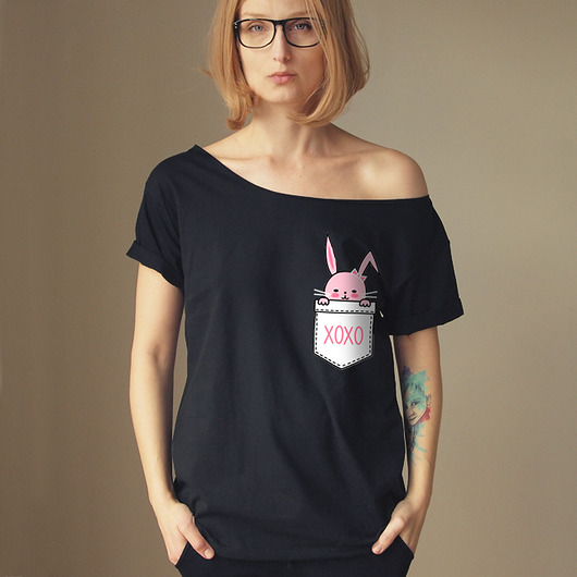 S-XXL Królik w kieszonce Oversize  Czarny ONE MUG A DAY