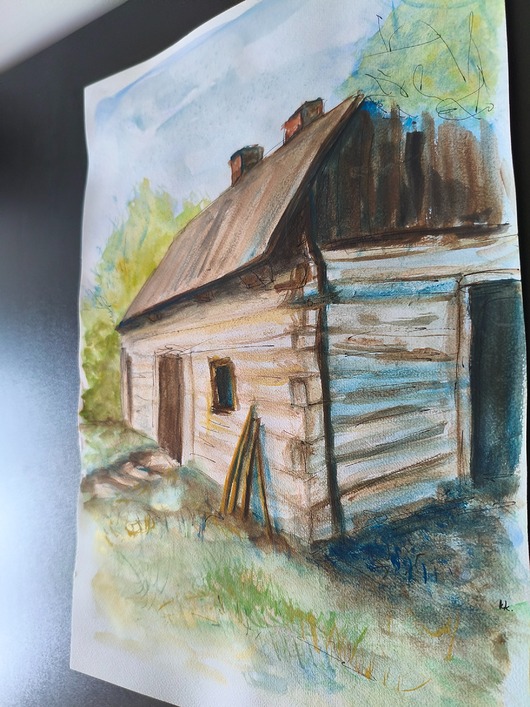 grafiki i ilustracje Chata Drewniana A3 Akwarela Metaliczna Bielona Słońcem Wieś
