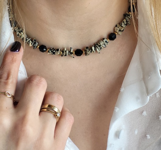 chokery Naszyjnik choker,  Jaspis Dalmatyńczyk z onyksem.