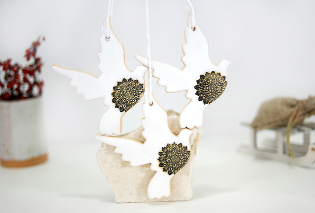 3 ceramiczne ptaszki choinkowe - modern 10FingersArt