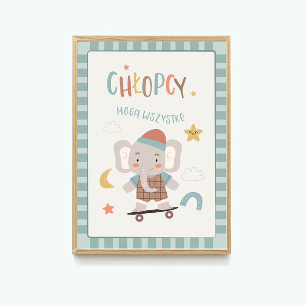 obrazy i plakaty do pokoju dziecięcego Chłopcy mogą wszystko - plakat słoń na deskorolce kolorowy
