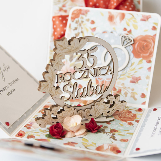 kartki scrapbooking 35 rocznica ślubu, koralowe gody, exploding box, kartka 3d