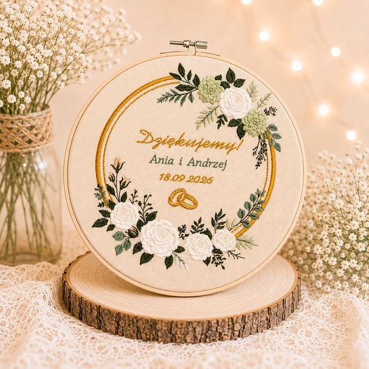 Ślub - inne Podziękowania ślubne, haft w tamborku 23 cm