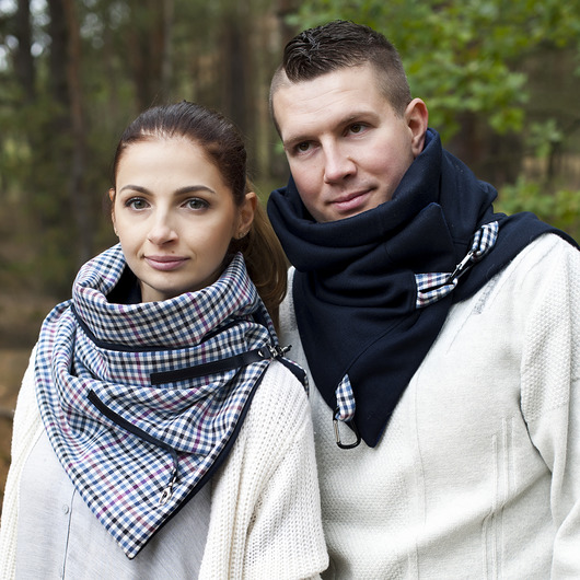 Szal ze skórą, komin, chusta- niebieska kratka Green Sheep