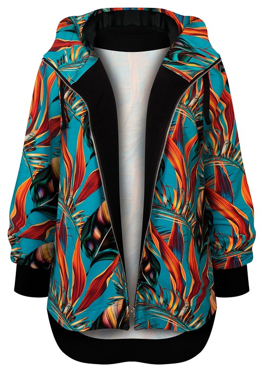 bluza z kapturem damska Bluza Long Back liście turkusowe