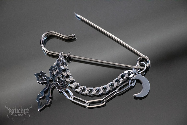 broszki Agrafka z krzyżem i księżycem * stal nierdzewna * przypinka goth witch