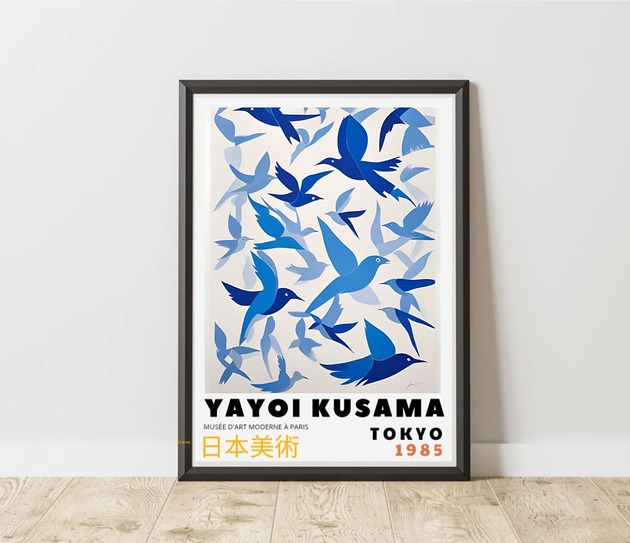 plakaty PLAKAT dekoracyjny ptaki Yayoi Kusama,  niebieski poster