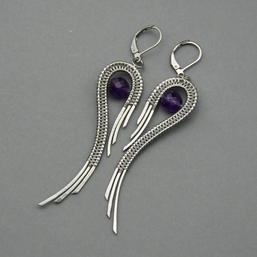 kolczyki wire wrapping Duże kolczyki skrzydła ametyst wire wrapping