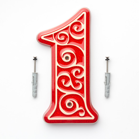 napisy dekoracyjne i tabliczki Numer domu, cyfra 1, czerwona z jasnym ornamentem, do przykręcenia