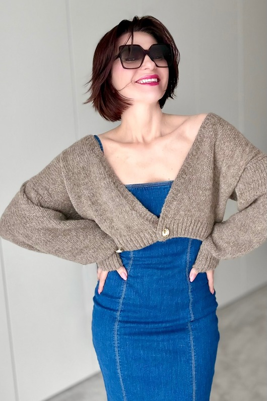 kardigany damskie Kardigan, bolerko na dwa guziki, mokka