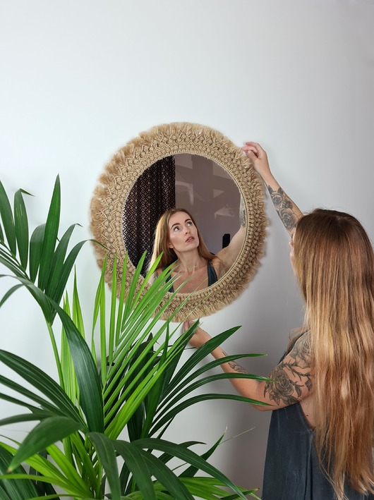 lustra stojące i wiszące Duże Makramowe Lustro Ścienne w Stylu Boho
