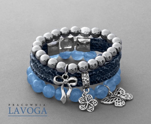 Blue jade, silver hematite & snake strap set. Lavoga