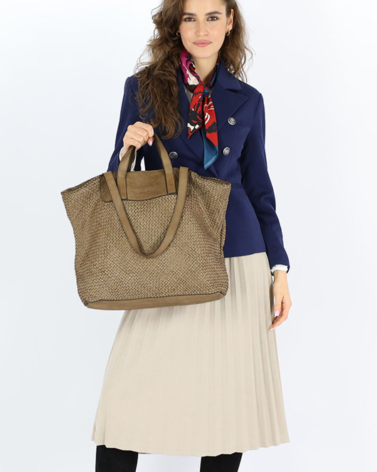 torby na ramię Duża torba damska pleciona shopper bag - MARCO MAZZINI beż taupe