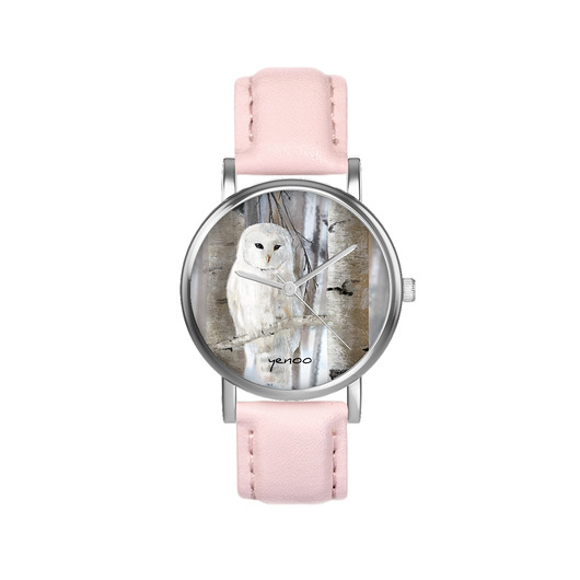 zegarki damskie Zegarek  mały - Biała sowa - skórzany, pudrowy róż