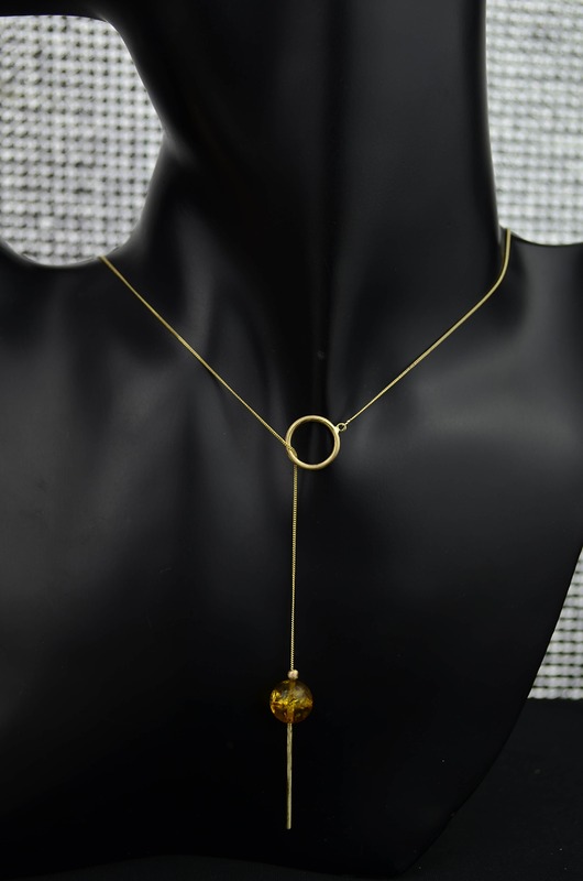 złote naszyjniki Przeciągany złoty naszyjnik z bursztynem pr. 585