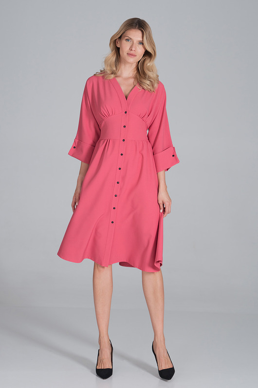 sukienki midi damskie Elegancka sukienka koszulowa z dekoltem w serek i rękawem 3/4 - M843