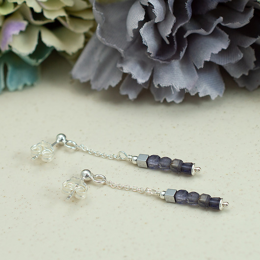 kolczyki srebrne Iolit, srebro 925 - długie, delikatne kolczyki, granatowe