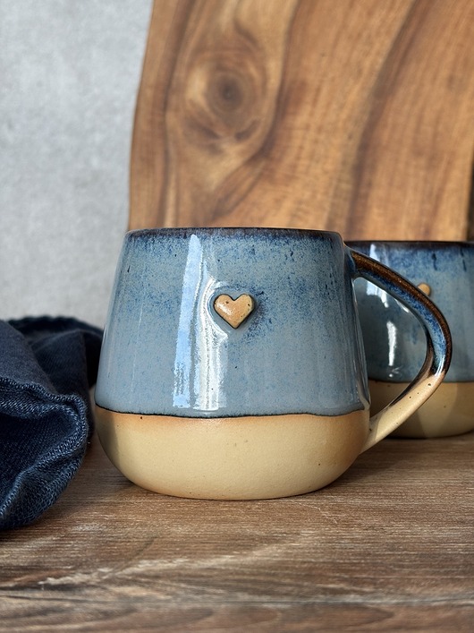 kubki Kubek Beczułka ręcznie robiony 320 ml  - Niebieski jeansowy z sercem