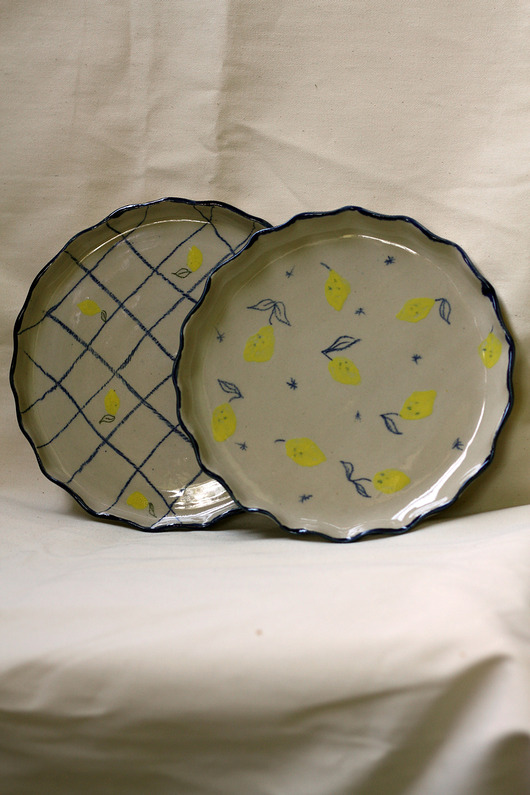 talerze, miski Talerz w cytryny i kratkę, ceramika ręcznie robiona