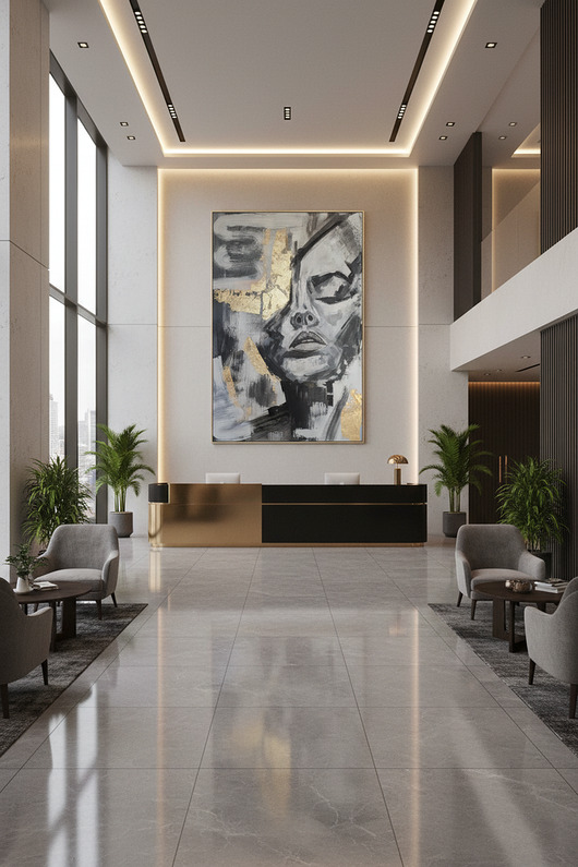 obrazy Abstrakcyjny portret kobiety w szarościach ze złotem 70x100 cm duży obraz