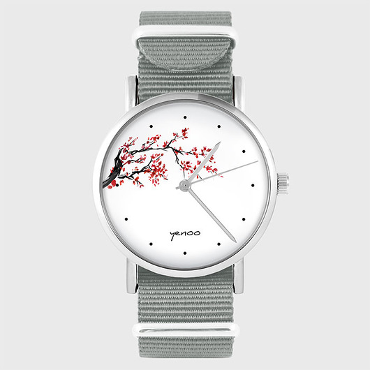 zegarki damskie Zegarek - Kwitnąca wiśnia - szary, nylonowy