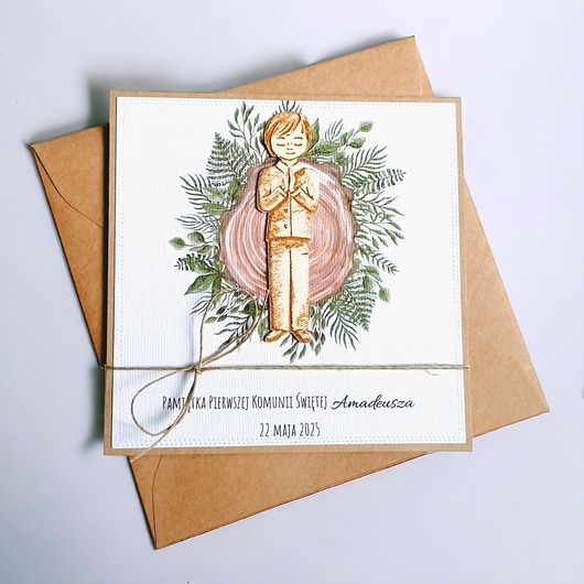 kartki na komunię Kartka, PERSONALIZACJA : I Komunia Święta : drewno: chłopiec