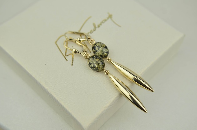 kolczyki złote Złote wiszące kolczyki z zielonym bursztynem pr. 585