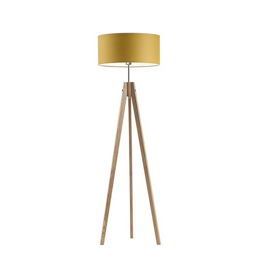 lampy podłogowe Drewniana lampa stojąca na 3 nogach z musztardowym abażurem HAITI
