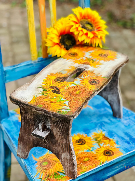 stołki Zydelek, ryczka, słoneczniki, van Gogh, prezent