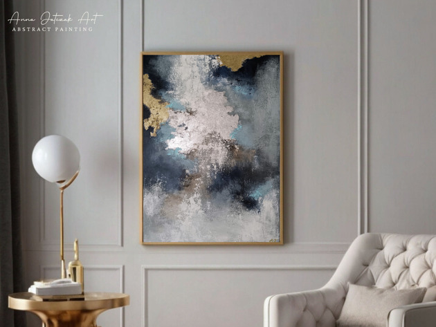 obrazy PULS ZIEMI  Abstrakcyjny obraz ze złotem i srebrem, ręcznie malowany, 70x50 cm