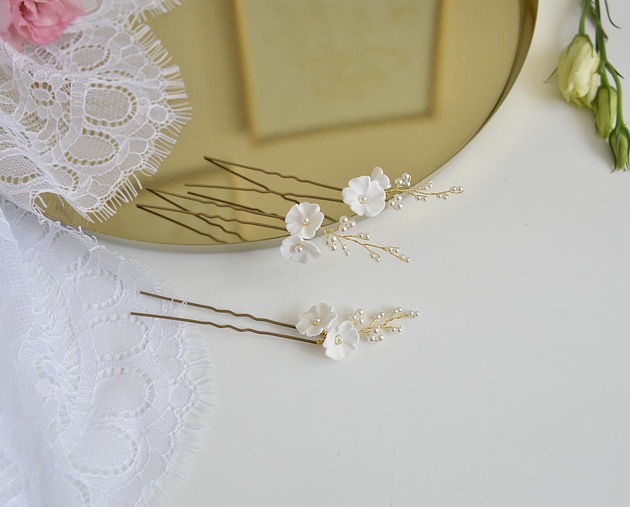 Ślubne ozdoby do włosów Kokówki z kwiatkami i perłami Salvia