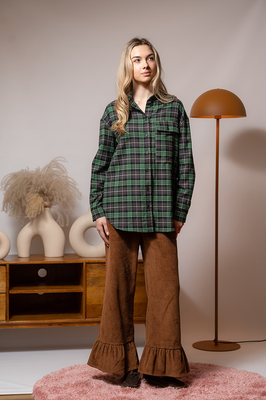 spodnie materiałowe damskie Sztruksowe spodnie z falbanką, FELICJA CHOCOLATE BROWN