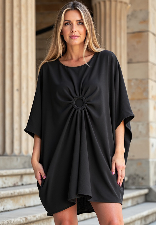 sukienki midi damskie Sukienka oversize z krótkim kimonowym rękawem i okrągłym dekoltem - M1127