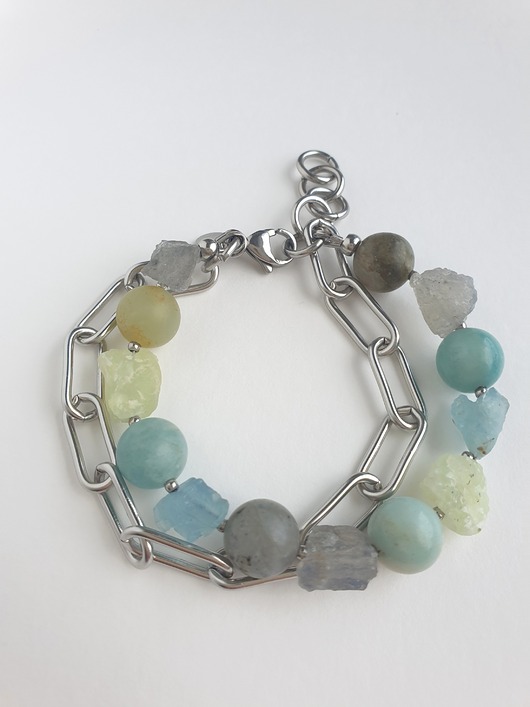 bransoletki z kamieni naturalnych Bransoletka RAW z grubym łańcuchem, akwamaryn, amazonit, labradoryt, phrenit
