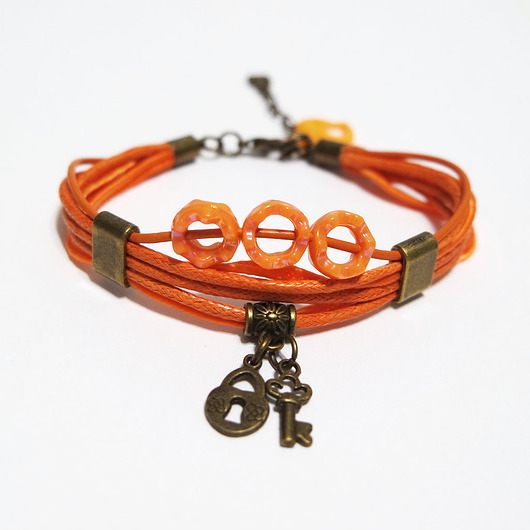 bransoletki na sznurku Bransoletka - Kluczyk, kłódka - rzemienie, pomarańczowa
